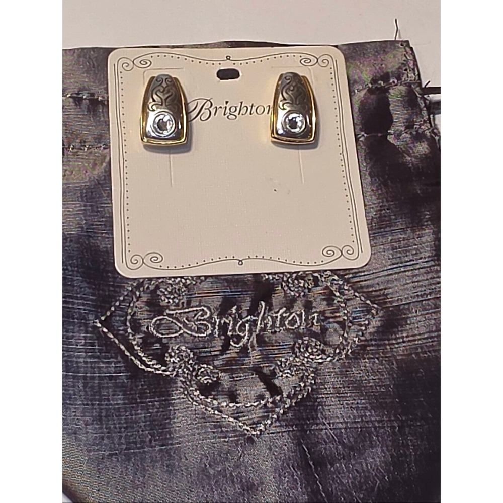 Brighton Two Tone Silver Gold Crystal Scroll Stud Earrings Mixed Metal Heart